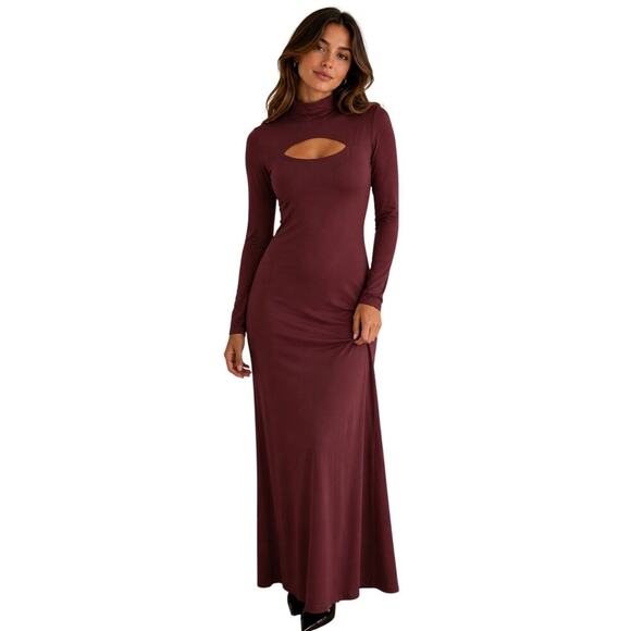 Other Dresses & Skirts - Womens Brown Cut Out Bodycon Maxi Dress Small Long Sleeve Mock Neck Shoulder Pad